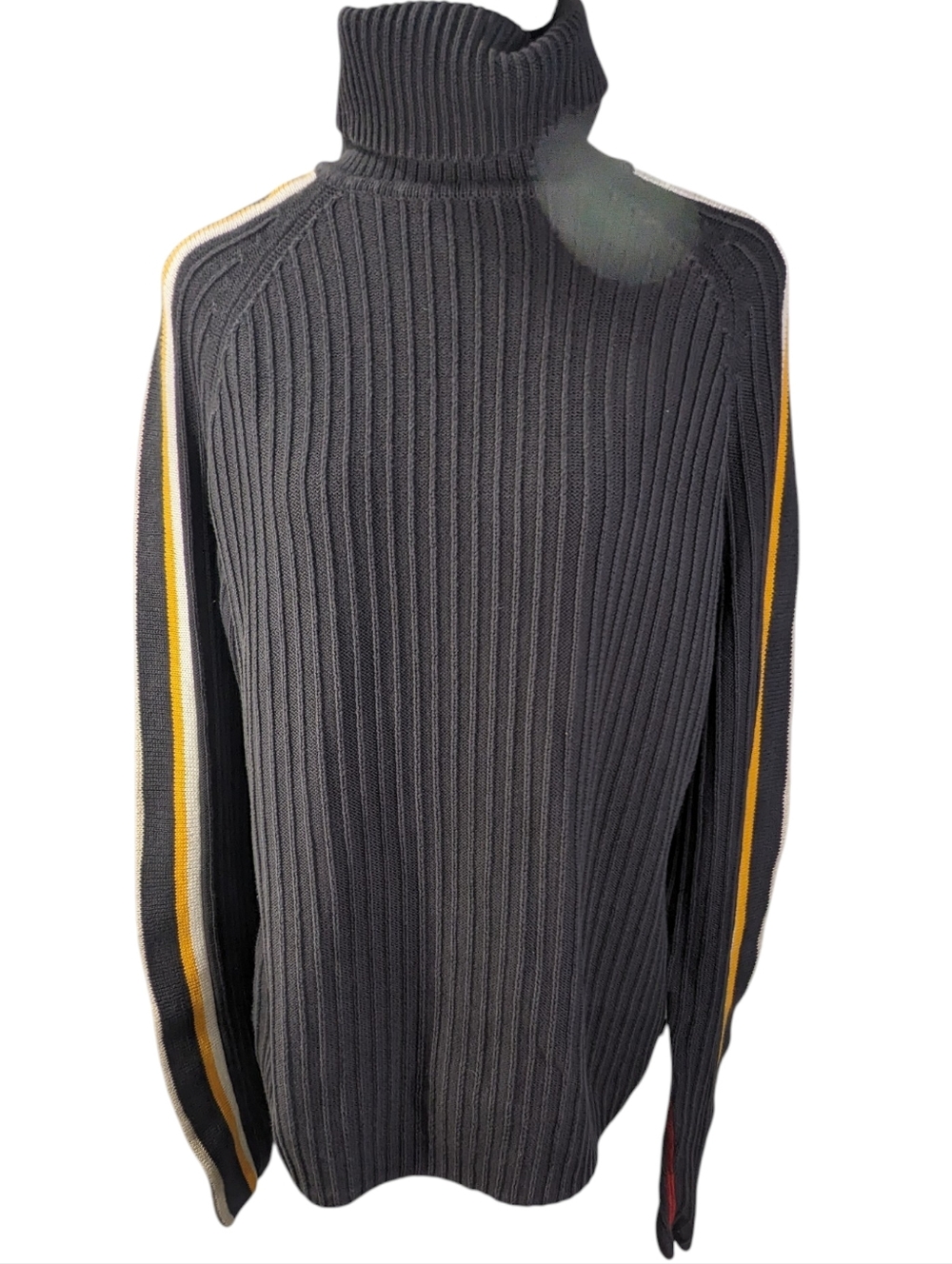 Esprit Men's VintageCharcoal Turtleneck Sweater, Yellow And Red Side Stripes L